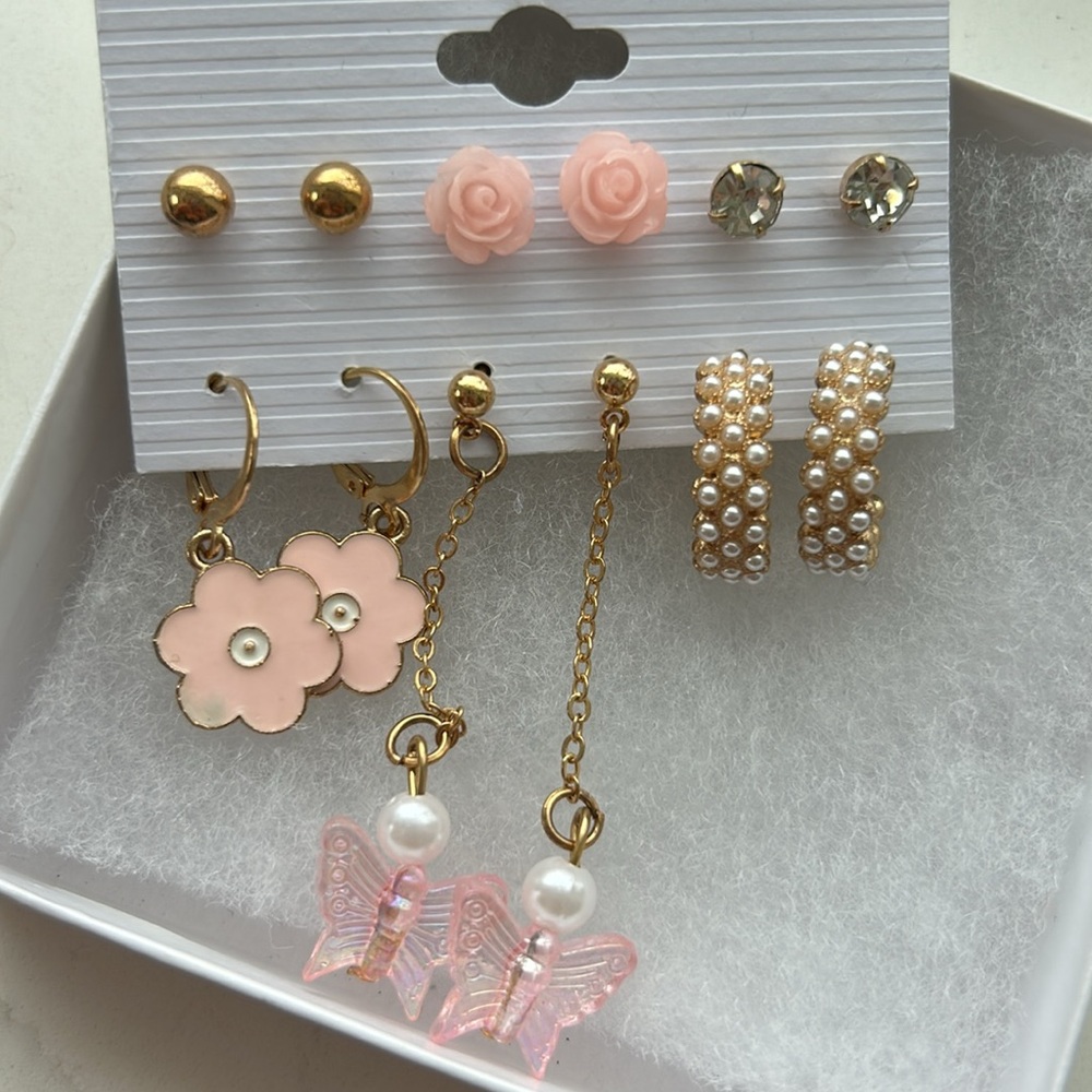 Fashion Earrings Set - Gold, Pink, Pearl